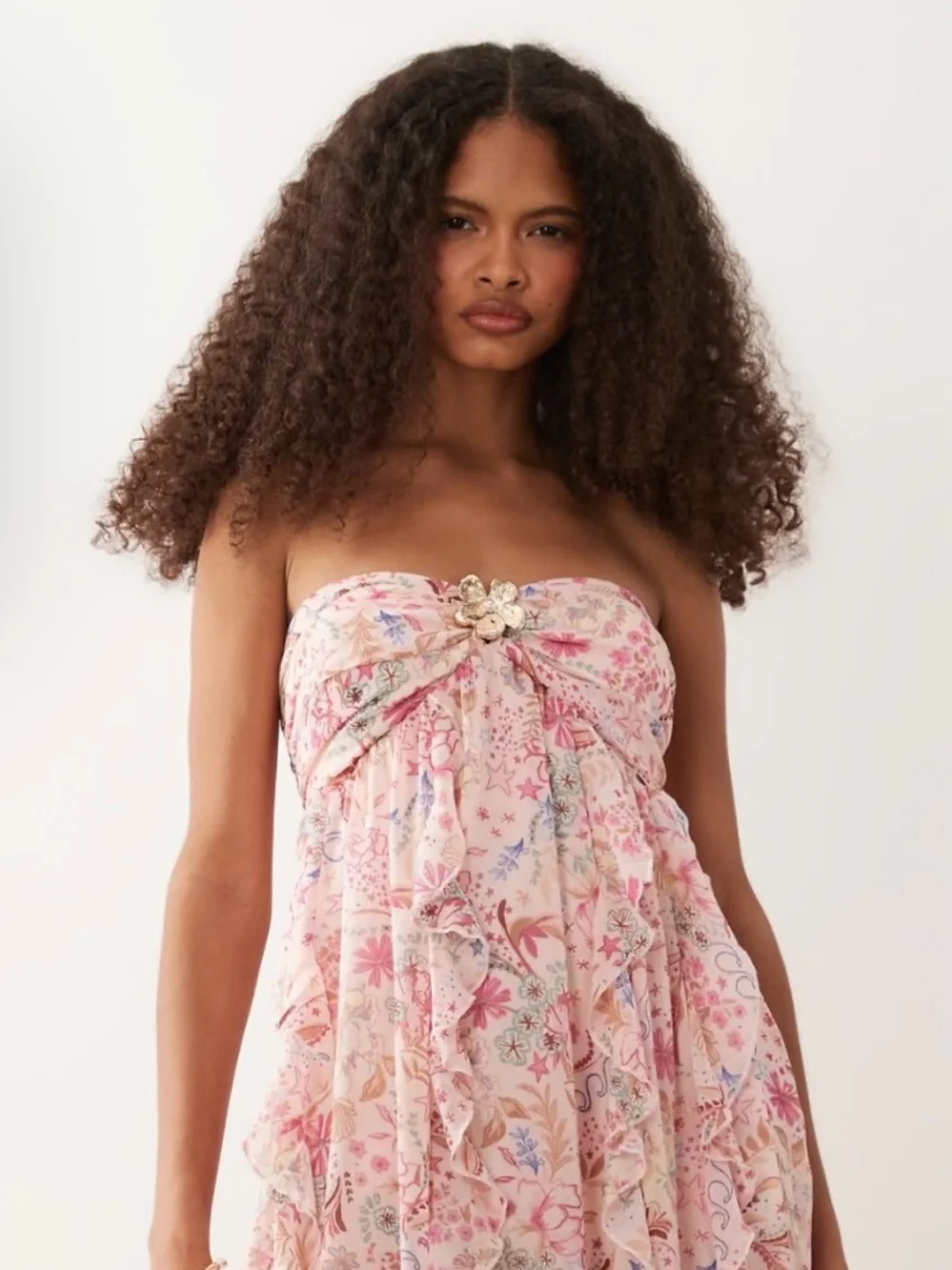 Strapless Pink Floral Ruffle hardware maxi  Dress -  Floral Print